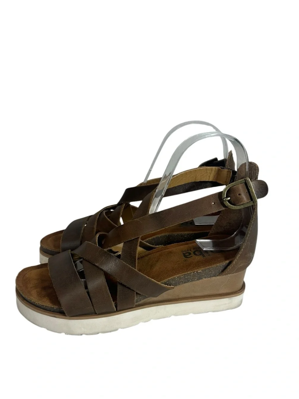 DIBA Women's 7.5 Brown Leather Strap Wedge Comfort Sandals